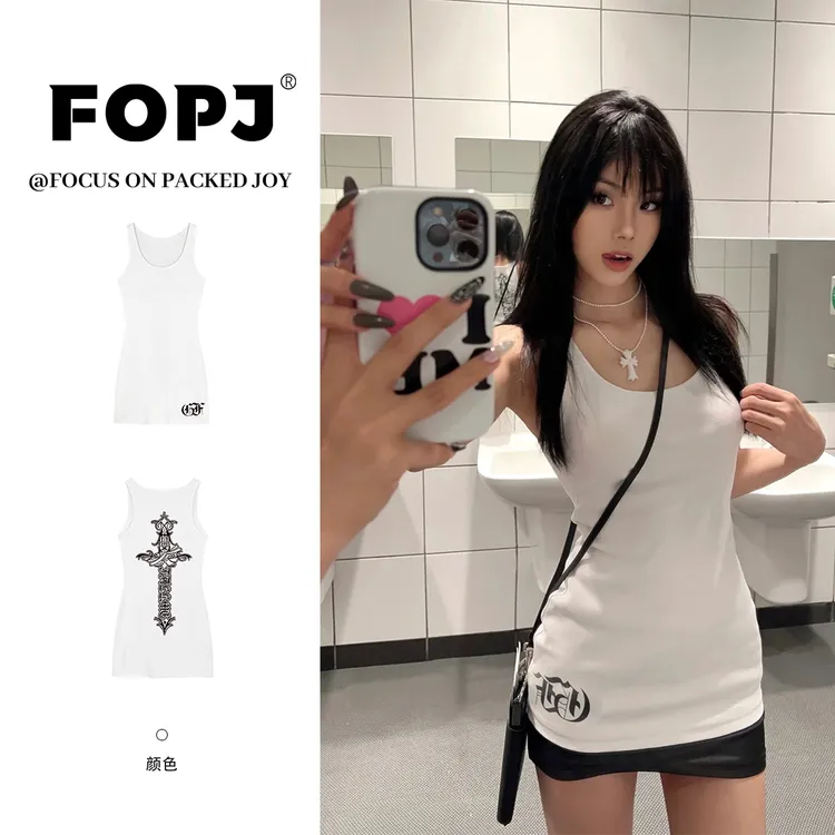 FOPJ美式辣妹风无袖印花吊带背心女夏季外穿修身显瘦内搭长款上衣