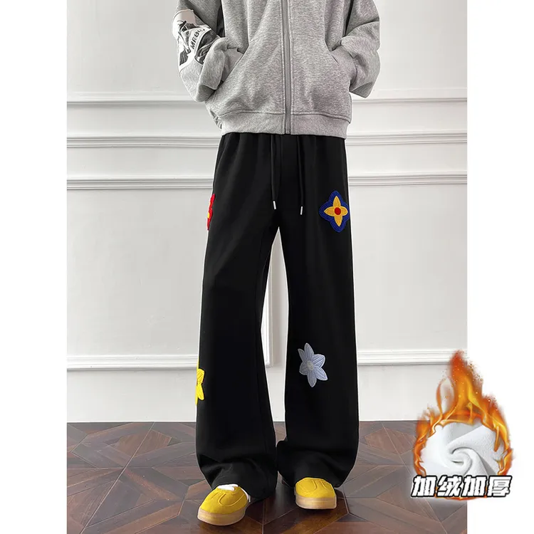 情侣卡通刺绣卫裤男秋冬季加绒加厚美式高街潮流直筒宽松休闲长裤