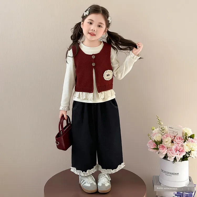 女童韩系洋气秋装2025新款女宝宝毛衣马甲三件套儿童花边时尚套装