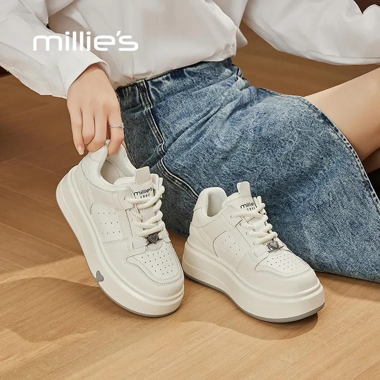 妙丽复古厚底真皮休闲板鞋女鞋2025年春季新款松糕底运动鞋小白鞋