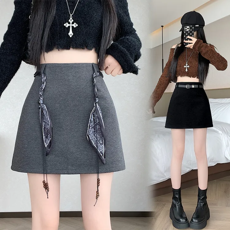 灰色配丝巾系带毛呢西装半身裙女秋季2025高腰显瘦A字包臀短裙潮