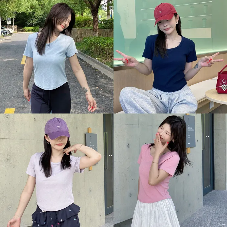 【蚂蚁腰】纹理U型领纯色T恤