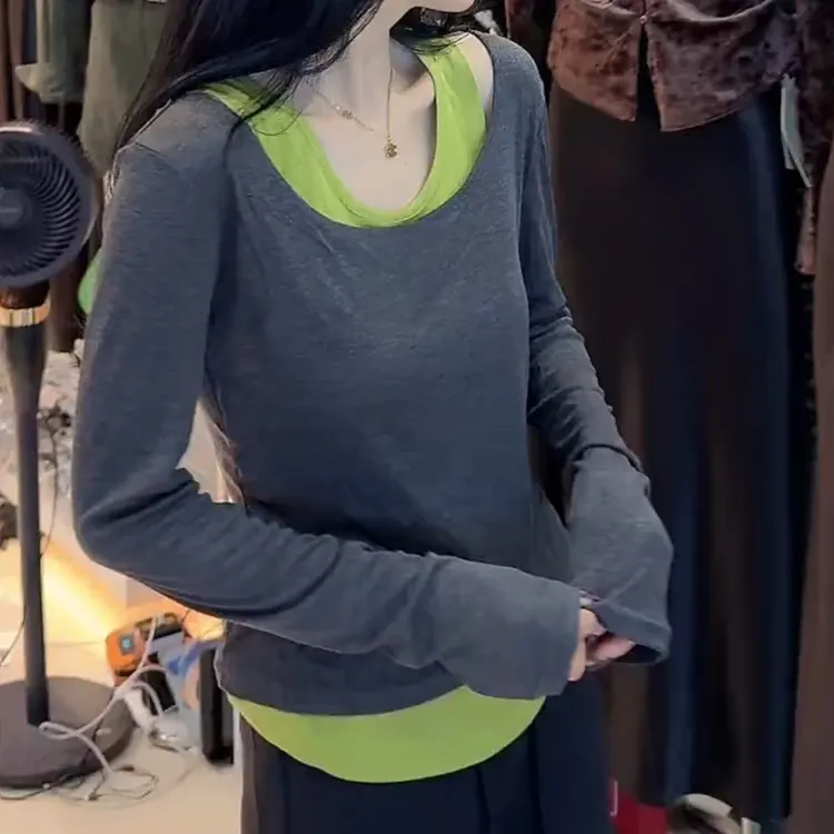 早秋新款韩版撞色长袖T恤女修身显瘦百搭休闲款LK2505869