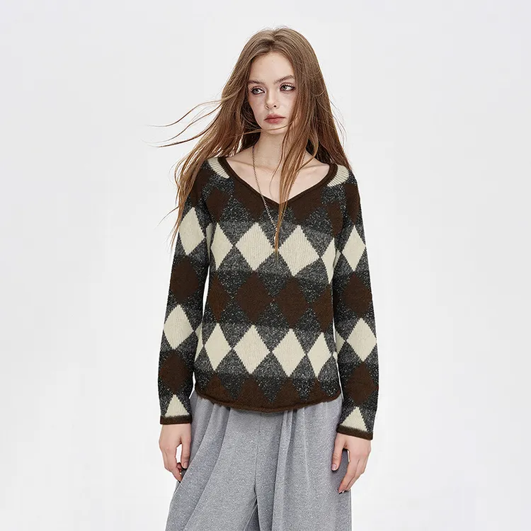 【菱纹绽绮】撞色亮丝时尚毛衣V领宽松百搭针织衫M2510001秋冬上衣