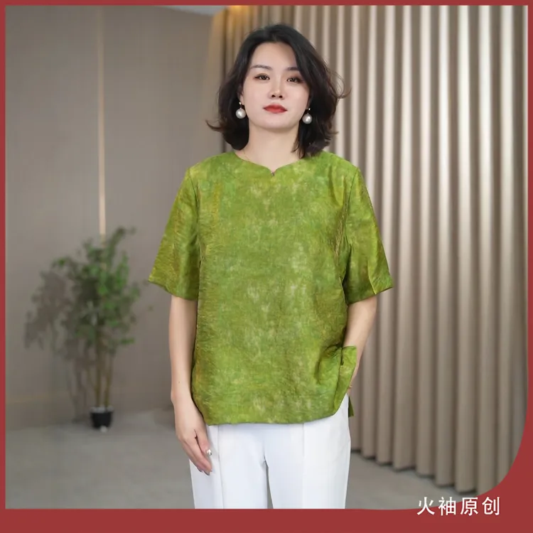 火袖G1261中老年妈妈装圆领上衣女夏装新款宽松显瘦气质复古小衫