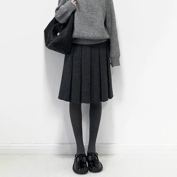 大码冬季灰色毛呢显瘦遮肚子半身裙女梨形身材高腰百搭遮胯百褶裙