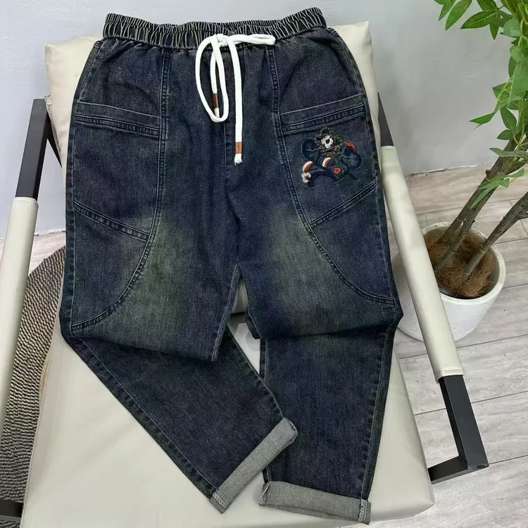 春季新款25006大码女装时尚休闲百搭水洗潮流刺绣软牛仔宽松韩版