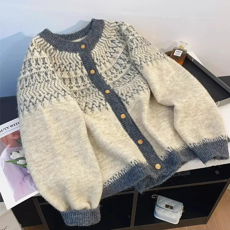 高级感复古提花毛衣开衫外套女2025秋冬季新款宽松软糯针织衫上衣