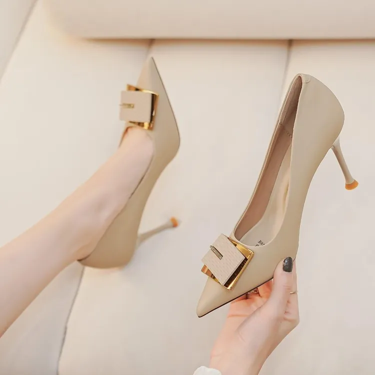 398【8/6厘米】春季新款时尚百搭黑色高跟鞋女尖头细跟浅口单鞋