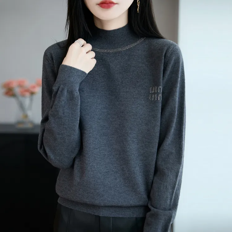 品牌女装正品秋冬新款纯色时尚烫钻半高领百搭女士毛针织衫上衣