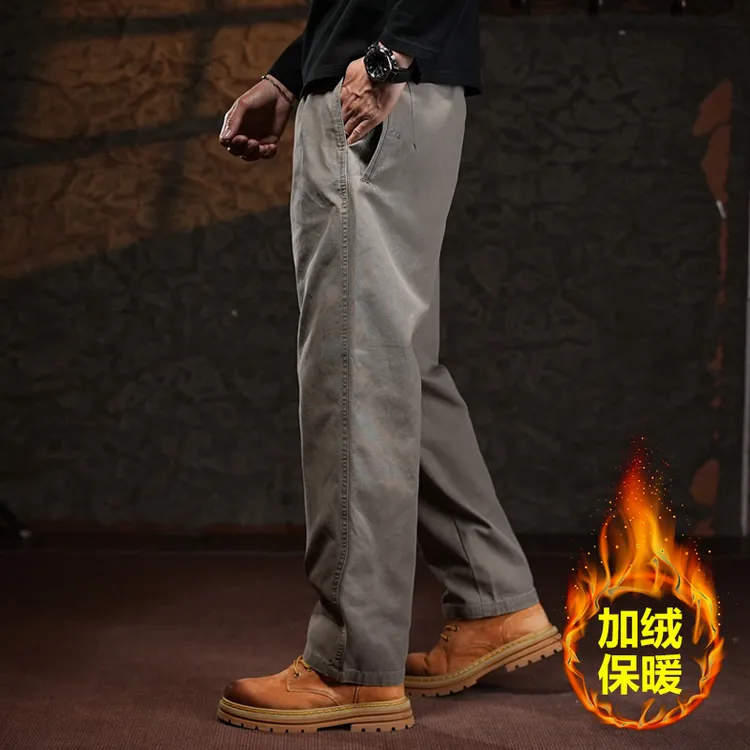纯棉卡其色工装裤男款加绒秋冬季潮流百搭宽松阔腿直筒休闲裤子男