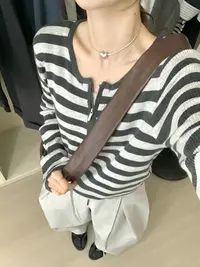 假两件高级感半拉链条纹气质针织衫女2025年秋季新款显瘦百搭上衣