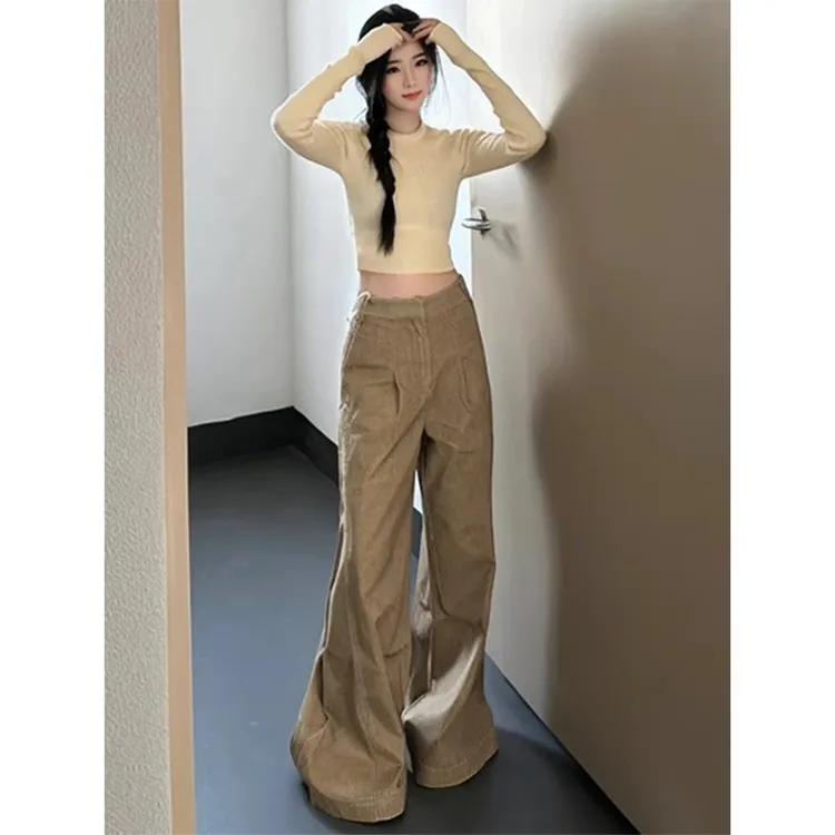 美式复古做旧水洗叶黄色牛仔裤女春季高腰宽松显瘦设计感阔腿长裤