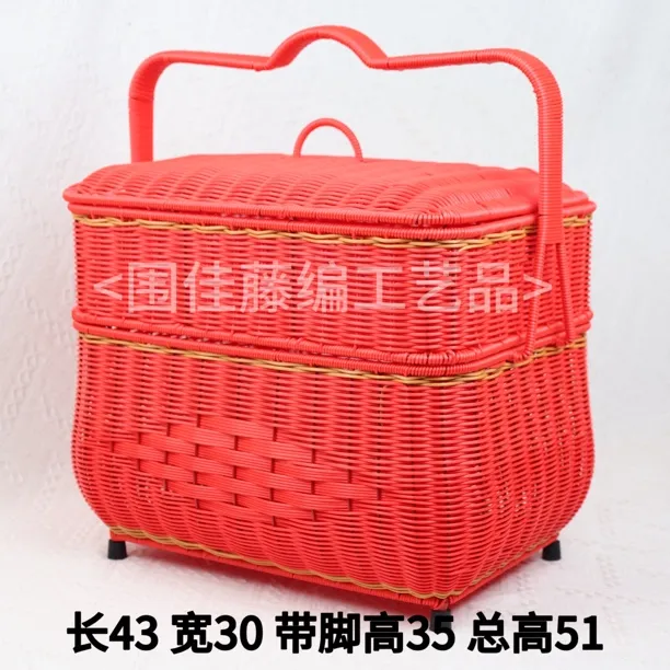 红色方形双层【TF33横向提手带脚款】大容量拜神篮野餐篮拜拜篮仿藤