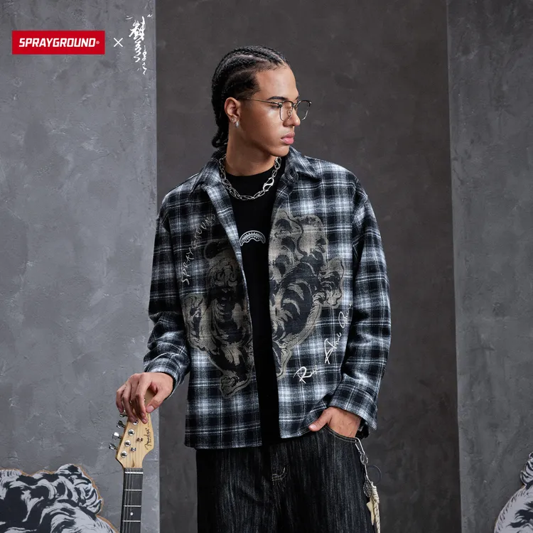 【虫师联名】SPRAYGROUND鲨鱼嘴长袖衬衫潮流格子秋冬XB WE140401