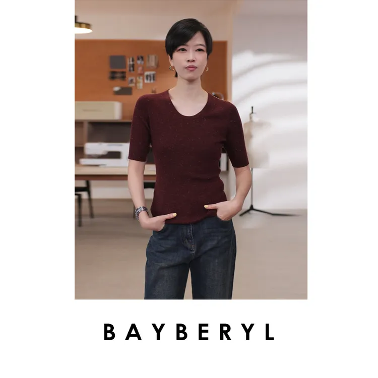 CC10-BAYBERYL老贝织银*U领亮丝时尚显瘦25秋短袖针织衫ZZS5H2104