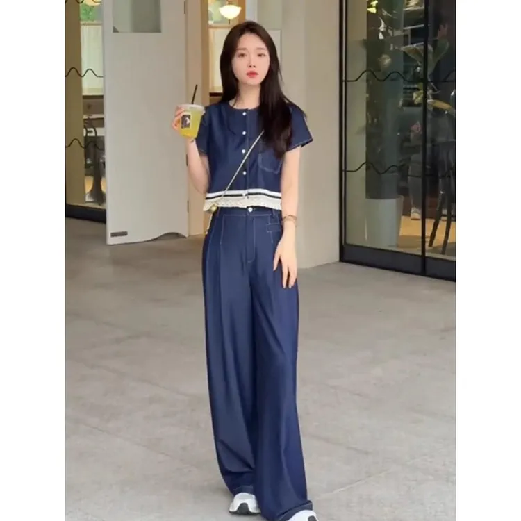 复古洋气高级感套装2025新款蕾丝拼接上衣阔腿裤减龄洋气牛仔穿搭