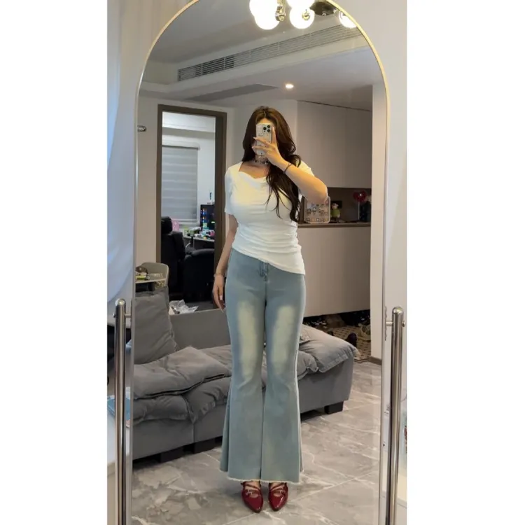 胖mm大码加绒显瘦收腹渐变鱼尾喇叭牛仔裤女辣妹外穿修身垂感5898