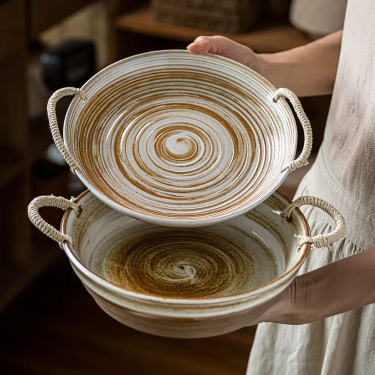 日式复古风草帽碗粗陶餐具家用精致菜碗面碗餐厅餐具碗盘深编绳碗