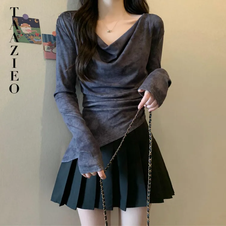 TAAZIEO蓝色V扎染流行领今年正肩长袖T恤女大码胖mm显瘦不规则打