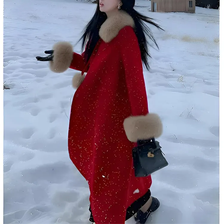 【现货运费险】冬季加厚新年战袍斗篷毛呢外套中长款婚礼红色大衣