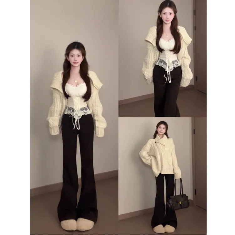 parkyeon慵懒风不规则麻花毛衣外套女2025秋冬新款微喇裤三件套装