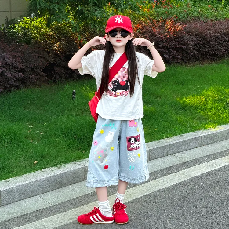 女童夏季2025新款女孩印花休闲夏装T恤短袖卡通印花牛仔中裤套装