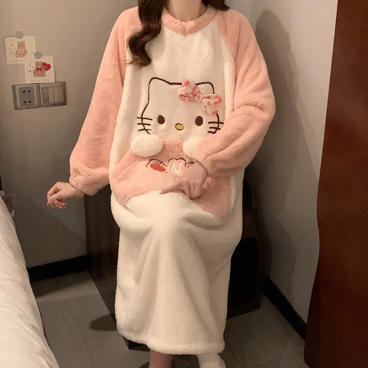 新款加厚珊瑚绒睡裙女甜美卡通口袋保暖法兰绒大码宽松睡衣家居服