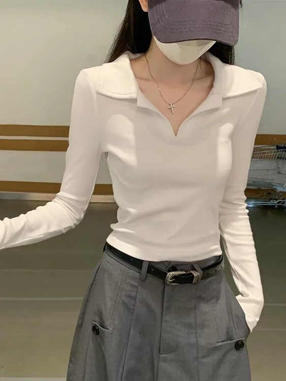 polo领长袖义乌打底衫上衣女秋装内搭酷飒拽姐miu里T恤搭配工装裤