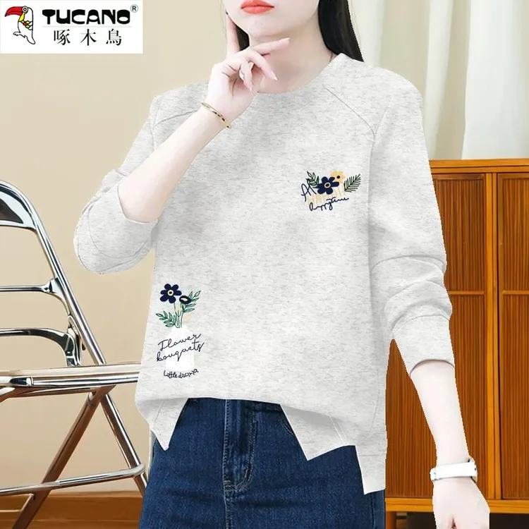 啄木鸟圆领卫衣女春秋新款宽松大码修身显瘦韩版长袖开叉休闲上衣