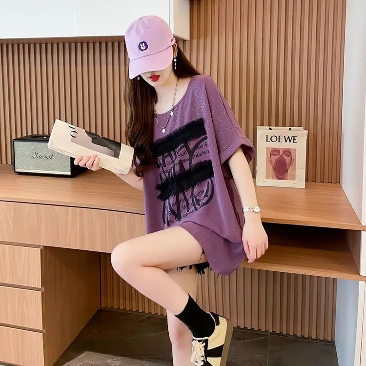 【1720人收藏】印花中长款蕾丝T恤拼接夏季新款韩版宽松显瘦