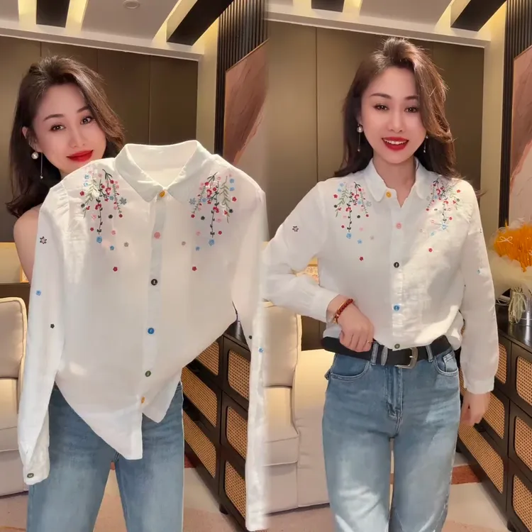 长袖刺绣2025冬季新款POLO领植物花卉衬衫时尚打底绣花设计感潮