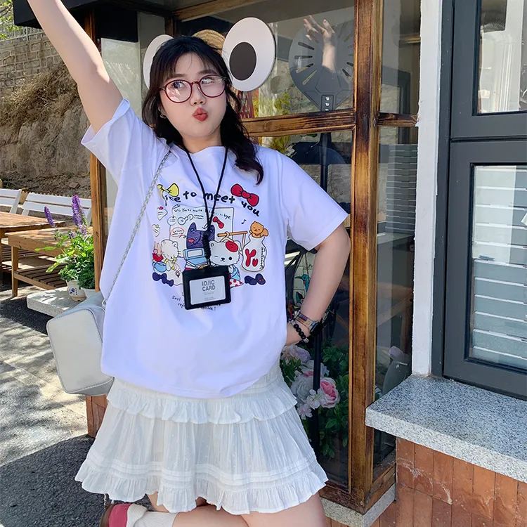 YUZI/鱼子2025夏季T恤新款甜美胖MM学生ins休闲宽松运动大码圆领