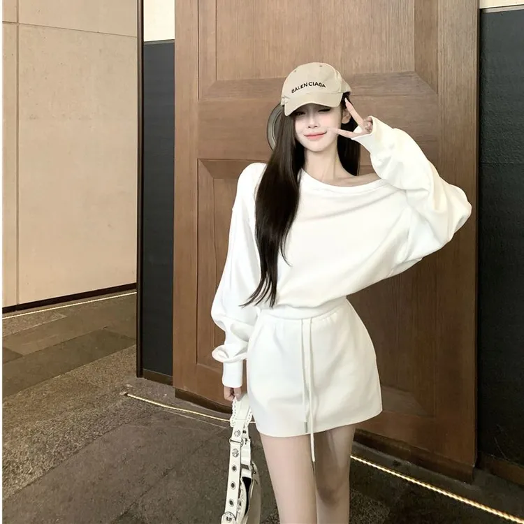 美式宽松休闲斜领长袖上衣女抽绳高腰显瘦褶皱半身裙两件套套装
