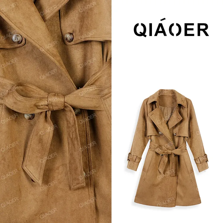 乔儿定制【浪漫之秋】双排扣牛皮绒中长款显瘦百搭风衣时尚气质外套