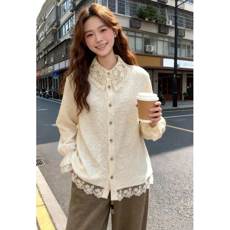 衬衫中长款法式气质显瘦女小众设计师款宽松休闲蕾丝拼接上衣