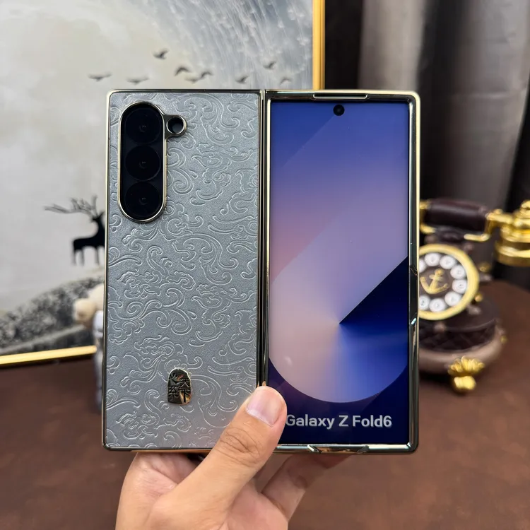 适用三星Zfold4567手机壳W26心系天下高档龙纹纹电镀皮纹商务男士
