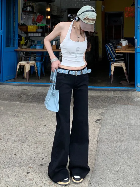 【Faaa专属】美式复古黑色微喇牛仔裤女秋季高腰直筒阔腿拖地裤子