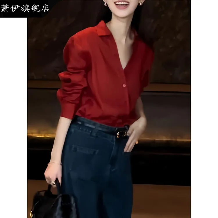 港风覆古高级感红色长袖衬衫女2025秋季衬衣女款爆款2025红色小衫