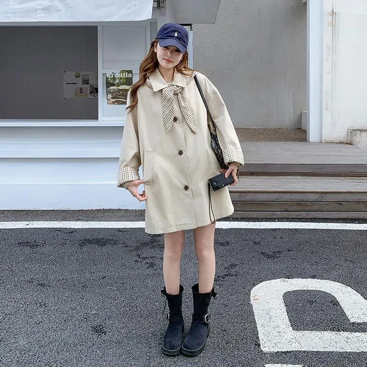 设计感格纹拼接兔耳朵连帽外套女2025春新款韩系气质宽松百搭风衣