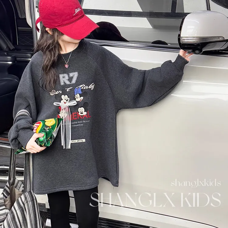 女童卫衣2025新款今年流行爆款卡通米奇印花长袖上衣加绒加厚冬装