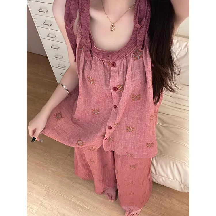 【刺绣棉纱】新中式国风吊带睡衣女夏季新款开衫背心长裤套装家居服