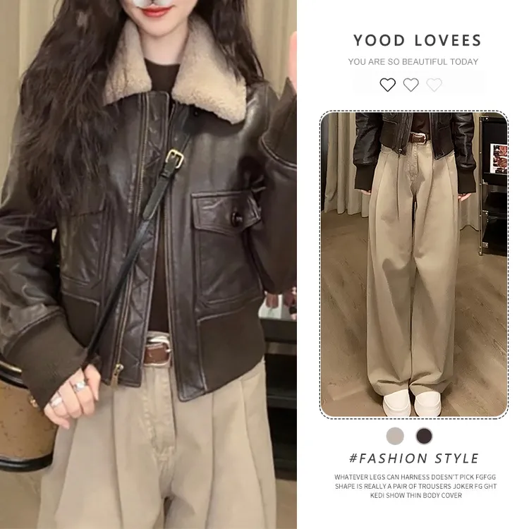 2025超火穿搭一整套冬季复古气质甜酷风皮衣外套高腰阔腿裤套装女