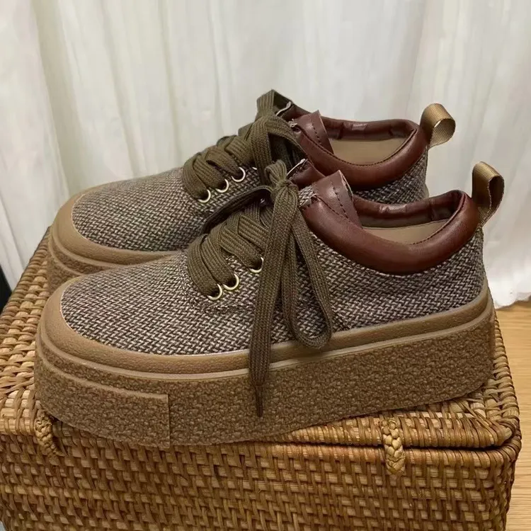 厚底休闲板鞋方头系带格子松糕鞋软底鞋子女鞋休闲鞋时尚单鞋