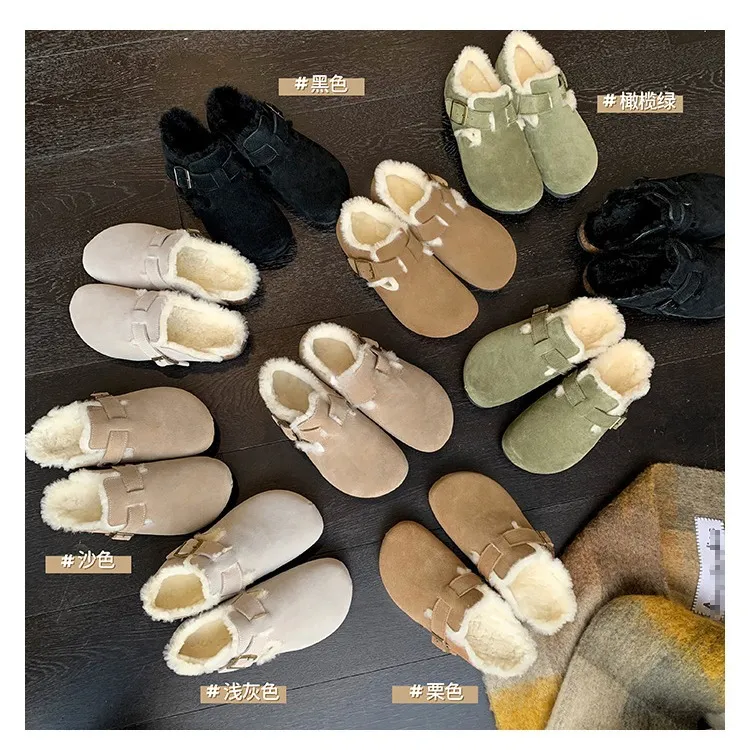 真皮版本~复古真皮内增高毛毛勃肯单鞋女包头半拖韩版软底百搭