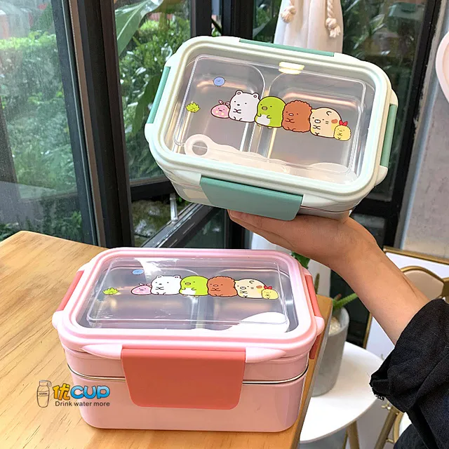 角落动物便当盒饭盒保温双层不锈钢午餐盒卡通可爱男女小学生带饭