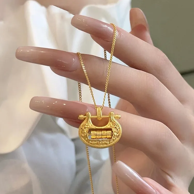 金项链足金999黄金项链平安小金锁吊坠5D硬金工艺长命锁国潮礼物