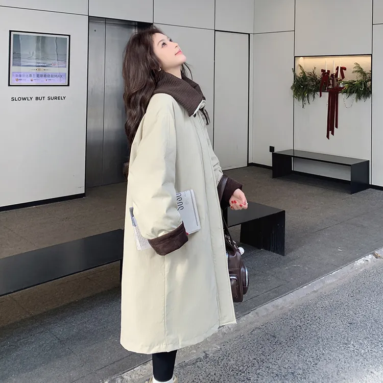 针织翻领风衣式羽绒派克服女中长款冬季2025年新款英伦风休闲外套