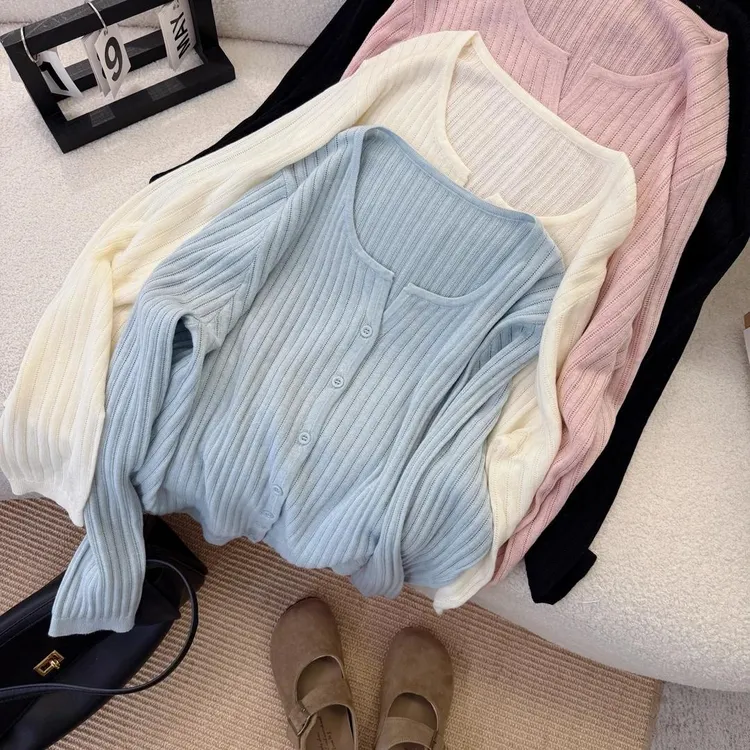 韩系剪刀领设计长袖针织开衫女2025春新款长袖上衣时尚显瘦