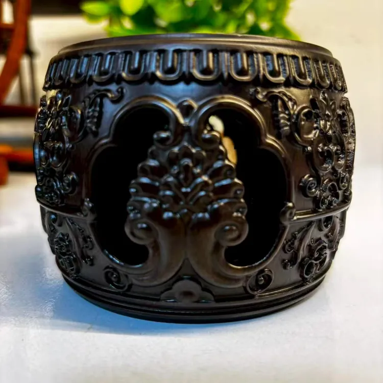 黑檀木鼓凳底座微型盆景摆件工艺品茶杯瓷器 尺寸：内8外11高7.5